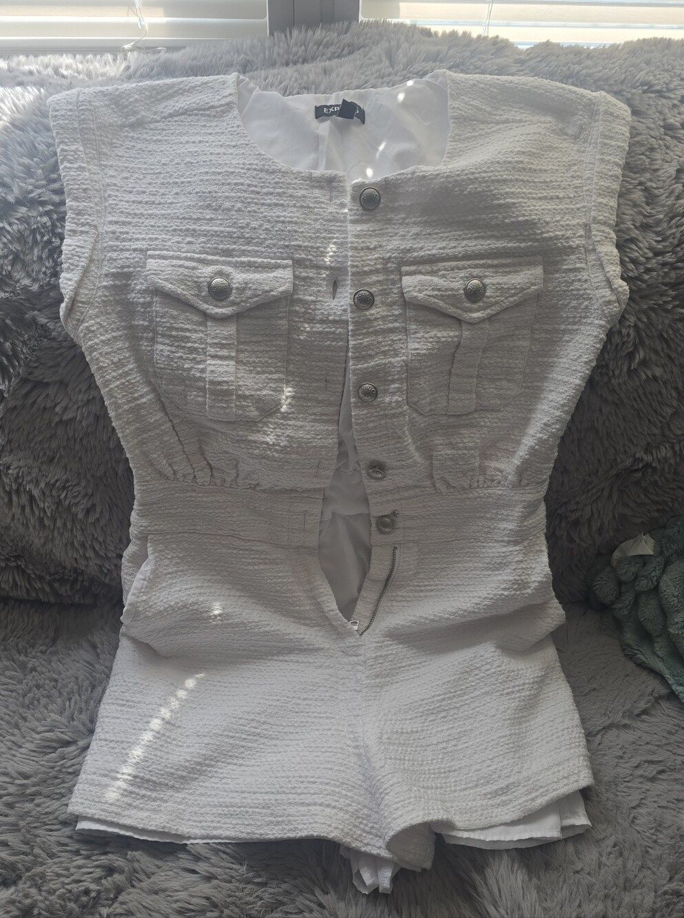Express White Textured Short Romper with Button Front
